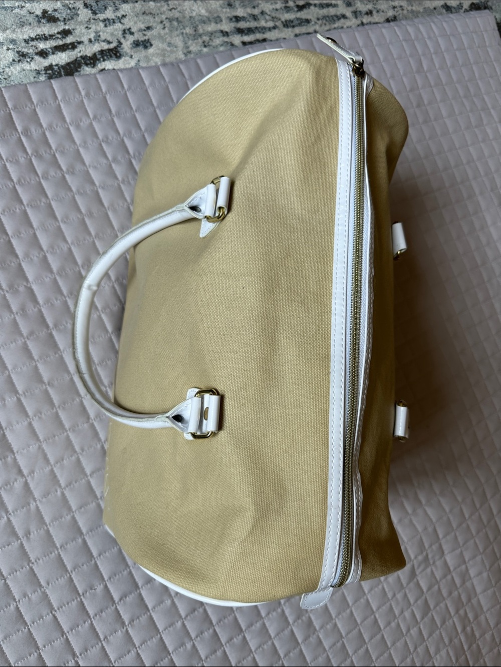 Canvas Satchel Handbag in Beige with White Handles - Picture 8 of 13